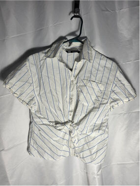 Women's Zara Button Down Shirt Size S White Blue Striped Tie Front cottagecore